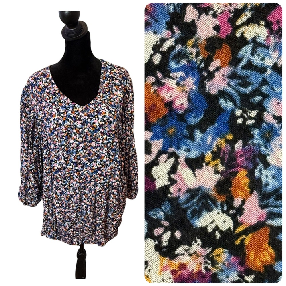 J. Jill Ditsy Floral Print 3/4 Sleeve Blouse Women's XL Cottage Crochet Casual
